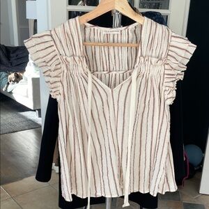 Ulla Johnson Striped Ruffle Blouse in Cream and Brown